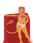  2015 anthro biceps blanket blush briefs bulge cat clothed clothing feline fur hair half-dressed htodinth lion looking_at_viewer male mammal navel nipples pecs red_hair simple_background smile solo topless underwear yellow_fur young 
