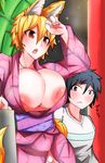  animal_humanoid big_breasts bigshine000 black_hair blonde_hair blush breasts brown_eyes canine cleavage clothed clothing female fox fox_humanoid hair human humanoid japanese_clothing kimono male mammal nipple_slip nipples open_mouth red_eyes short_hair tight_clothing 