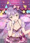  1girl :d blurry blurry_background blush bound bow bra breasts brown_eyes cleavage collarbone eyebrows_visible_through_hair hair_between_eyes hair_bow head_tilt heart highres holding holding_microphone idolmaster idolmaster_cinderella_girls idolmaster_cinderella_girls_starlight_stage kkumon koshimizu_sachiko looking_at_viewer medium_breasts microphone miniskirt open_mouth pink_bow purple_bra purple_hair purple_skirt short_hair skirt smile solo sparkle stage tied_up underwear 