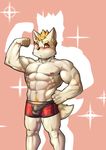  abs anthro biceps big_muscles black_nose blonde_hair boxers_(clothing) bulge canine clothed clothing dog flexing fur hair half-dressed hand_on_hip husky_(artist) looking_at_viewer male mammal muscular navel nipples orange_hair pecs pink_background red_eyes shorts simple_background solo standing tan_fur topless underwear white_fur white_sclera 