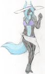  2015 anthro bikini black_fur blue_eyes blue_fur blue_hair chest_tuft clothing dragon erinkitty female fur hair hat horn kitara_cydonis looking_at_viewer pencil_(artwork) raised_arm scalie sierraar simple_background solo standing swimsuit traditional_media_(artwork) tuft white_background 