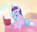  2015 bed book braddo cutie_mark duo equine female feral friendship_is_magic hair hi_res horn inside looking_back magic mammal multicolored_hair my_little_pony on_bed purple_eyes sitting smile trixie_(mlp) twilight_sparkle_(mlp) two_tone_hair underhoof unicorn winged_unicorn wings 