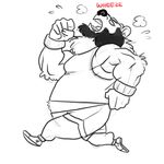  anthro bear beard biceps burr_(artist) chubby clothing digital_media_(artwork) exercise facial_hair footwear fur hair jogging mammal monochrome musclegut open_mouth panting shoes side_view simple_background solo sweat teeth white_background 