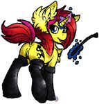  2015 anus bdsm blue_eyes bondage bound butt clothing cutie_mark equine female feral friendship_is_magic fur hair horn horse iroxykun leather legwear looking_at_viewer magic mammal my_little_pony open_mouth pony pussy red_hair riding_crop smile socks solo unicorn yellow_fur 