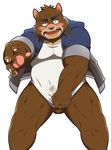  balls bear blush bottomless clothed clothing covering embarrassed half-dressed juuichi_mikazuki looking_at_viewer male mammal morenatsu simple_background solo whinge white_background 