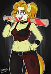  adagio_dazzle_(eg) anthro baseball_bat belt breasts cleavage clothed clothing collar costume equestria_girls face_paint female friendship_is_magic hair halloween hand_on_hip harley_quinn holidays lipstick looking_at_viewer makeup multicolored_hair my_little_pony navel solo strangerdanger two_tone_hair 