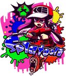  cephalopod female hat humanoid inkling marine mask messy nintendo pointy_ears solo splatoon squid tentacle_hair tentacles text unknown_artist video_games weapon 