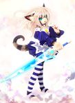  anthro artist_request becky blonde_hair blue_eyes blush bride cat claws clothing cute dress feline female fur furry green_eyes grey_fur hair kemono legwear looking_at_viewer mammal melee_weapon open_mouth short_hair skirt slit_pupils smile socks solo striped_fur stripes sword tetetor-oort weapon whiskers white_hair young 