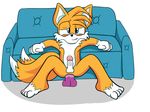  2_tails anal anal_insertion anal_penetration biting_lip blue_eyes canine crouching cum dildo erection fox foxkai fur insertion male mammal miles_prower multiple_tails nude orange_fur penetration penis precum sex_toy sofa solo sonic(series) sonic_(series) spread_legs spreading young 