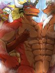  abs biceps big_muscles blush brown_scales buddyfight dragon drum&#039;s_father drum_(buddyfight) group horn male male/male muscular nude panting pec_grasp pecs reptile ryuukikeito scales scalie teeth water 