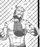  ! abs anthro biceps big_muscles claws clothed clothing digital_media_(artwork) duo face_grab feline fingerless_gloves first_person_view fur gloves half-dressed husky_(artist) male mammal monochrome muscular nipples open_mouth pecs solo solo_focus sport standing stripes teeth tiger topless vein 