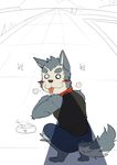  anthro blush canine clothed clothing collar crouching dog eating first_person_view fur grey_fur husky_(artist) male mammal shadow shorts solo tongue tongue_out 