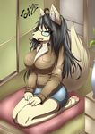  2015 absurd_res anthro big_breasts black_hair breasts brown_fur canine clothed clothing eyewear female fur glasses green_eyes hair hi_res huge_breasts inner_ear_fluff inside long_hair mammal open_mouth paws pillow raised_tail shirt sitting skirt smile solo tailzkim teeth tongue 