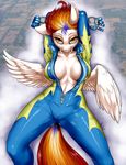  2015 anthro aphexangel big_breasts breasts cloud equine fan_character feathered_wings feathers female flight_suit hair looking_at_viewer lying mammal my_little_pony on_back on_cloud outside pegasus solo wings 