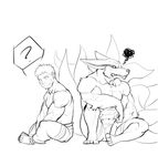  ? abs anthro barefoot biceps blush canine clothed clothing duo fox fur hair half-dressed hat human husky_(artist) kurama male mammal monochrome multiple_tails muscular naruto nipples pants pecs shorts simple_background sitting sketch smile teeth topless white_background 