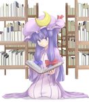  :&lt; bad_id bad_pixiv_id bangs book bookshelf bow crescent hair_bow hat highres kneeling library long_hair patchouli_knowledge purple_eyes purple_hair reading sabino_itaru solo touhou voile 
