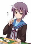  bad_id bad_pixiv_id brown_eyes cardigan dutch_angle kita_high_school_uniform mahjong nagato_yuki playing_games purple_hair school_uniform serafuku short_hair solo suzumiya_haruhi_no_yuuutsu translated youkan 