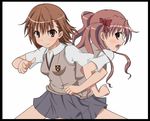  back-to-back brown_eyes brown_hair fuoru long_hair misaka_mikoto multiple_girls school_uniform shirai_kuroko short_hair sweater_vest to_aru_kagaku_no_railgun to_aru_majutsu_no_index twintails 