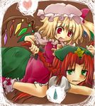  :d blonde_hair braid fang flandre_scarlet green_eyes hair_grab hat heart highres hong_meiling multiple_girls okemai open_mouth red_eyes red_hair smile speech_bubble spoken_heart spoken_sweatdrop straddling sweatdrop tired touhou twin_braids 