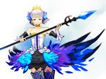  armor armored_dress blue_eyes dress gwendolyn hands kawazu multicolored multicolored_wings odin_sphere polearm solo spear strapless strapless_dress thighhighs weapon white_hair wings 