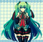  aqua_eyes aqua_hair bad_id bad_pixiv_id detached_sleeves frills hatsune_miku long_hair mzz ribbon skirt smile solo thighhighs twintails very_long_hair vocaloid zettai_ryouiki 