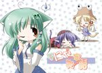  animal_ears blonde_hair cat_ears cat_tail chibi detached_sleeves eyes frog green_hair hair_ornament hat japanese_clothes kemonomimi_mode kochiya_sanae long_hair moegi_yuu moriya_suwako multiple_girls purple_hair short_hair tail touhou translation_request yasaka_kanako yellow_eyes 