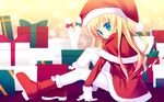  blonde_hair blue_eyes blush boots christmas copyright_request gift gloves hat long_hair meito_(maze) pantyhose santa_costume santa_hat sitting smile solo white_gloves white_legwear 