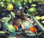 bad_id bad_pixiv_id blue_hair blush bow colorized copyright_request fingerless_gloves frog gloves green_eyes hair_bow hat highres kurumayama sitting snake solo 