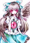  brown_hair colored_eyelashes dress eyelashes finger_to_mouth frills glowing glowing_eyes hair_ribbon lipstick long_hair makeup miri_(tobira_no_mukou) no_nose red_eyes reiuji_utsuho ribbon short_sleeves smile solo third_eye touhou traditional_media watercolor_(medium) wings 