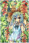  ahoge aqua_hair bird blush brown_eyes copyright_request dress emperpep flower gradient_hair hat heliconia jungle long_hair multicolored_hair nature red_eyes ribbon short_dress sleeveless solo straw_hat toucan traditional_media watercolor_(medium) 