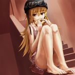  bakemonogatari bare_shoulders barefoot blonde_hair brown_eyes doughnut eating feet food goggles hands helmet legs long_hair monogatari_(series) oshino_shinobu solo yasojima_nejiro 