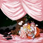  :&lt; bad_id bad_pixiv_id bed blonde_hair book eyepatch flandre_scarlet hat highres myama pillow pillow_hug ponytail red_eyes short_hair side_ponytail solo stuffed_animal stuffed_toy teddy_bear touhou wings 