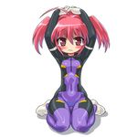  ahoge bad_id bad_pixiv_id blush bodysuit busou_shinki dd_(ijigendd) eukrante flat_chest hands hands_on_own_head kneeling navel pink_eyes pink_hair purple_bodysuit seiza simple_background sitting solo tears twintails wariza 