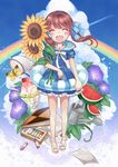  ^_^ bad_id bad_pixiv_id bow bug butterfly child closed_eyes cloud crayon day flower food fruit hair_bow insect legs original rainbow sandals smile solo standing sunflower twintails wasabi_(sekai) watering_can watermelon 