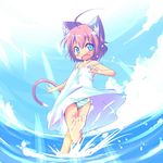  animal_ears barefoot blue_eyes blush bow bow_panties cat_ears child copyright_request day dress edomura_saki fang feet flat_chest panties pantyshot pink_hair sky soles solo tail toes underwear upskirt water 