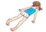  barefoot brown_hair child faceplant feet hair_ribbon ichigo_mashimaro legs lying matsuoka_miu ribbon skirt soles solo tank_top toes twintails ukokkei 