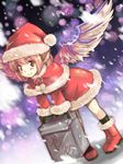  animal_ears bad_id bad_pixiv_id blush boots christmas hat mystia_lorelei nise_nanatsura pigeon-toed pink_hair santa_costume santa_hat short_hair smile snow solo touhou wings 