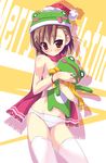  bell blush brown_eyes brown_hair christmas frog frog_hat gekota hair_ornament hairclip hat kisairo_kaede misaka_mikoto panties scarf solo stuffed_animal stuffed_frog stuffed_toy thighhighs to_aru_kagaku_no_railgun to_aru_majutsu_no_index tongue underwear 