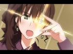  brown_hair close-up dutch_angle earrings eye_beam h@ll jewelry letterboxed mikuru_beam open_mouth parody solo suzumiya_haruhi_no_yuuutsu umineko_no_naku_koro_ni ushiromiya_natsuhi 