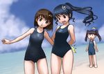  3girls :&lt; bad_id bad_pixiv_id beach black_hair bodysuit brown_eyes brown_hair day long_hair multiple_girls one-piece_swimsuit original ponytail red_eyes rohitsuka school_swimsuit short_hair surprised swimsuit tears twintails |_| 