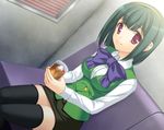  bad_id bad_pixiv_id bow breasts dutch_angle glass green_hair hairband ice idolmaster idolmaster_(classic) large_breasts mole mole_under_mouth otonashi_kotori pencil_skirt red_eyes short_hair sitting skirt solo thighhighs totokichi 