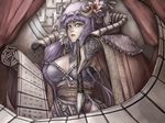 alternate_costume blue_eyes breasts cleavage hat large_breasts long_hair matsutake_umeo patchouli_knowledge purple_hair scroll solo touhou 