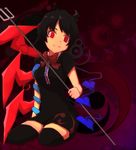  asymmetrical_wings bad_id bad_pixiv_id black_hair black_legwear dress glowing glowing_eyes houjuu_nue nagasan red_eyes solo thighhighs touhou wings 