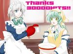  apron blue_eyes braid cooking green_eyes green_hair hair_ornament izayoi_sakuya kochiya_sanae mittens multiple_girls ribbon short_hair touhou usa-neko white_hair 