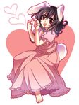  animal_ears barefoot black_hair bunny_ears carrot feet hands heart heart_hands inaba_tewi onoe_junki open_mouth red_eyes short_hair solo tail touhou 
