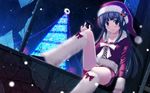  black_hair boots brown_eyes christmas christmas_tree dutch_angle hat kazumasa long_hair original santa_costume santa_hat snow solo 