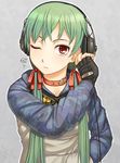  collar fingerless_gloves gloves goggles green_hair headphones itou_(onsoku_tassha) long_hair one_eye_closed original red_eyes solo sweater 