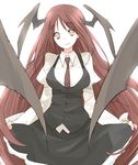  bat_wings crazy_eyes head_wings kintaro koakuma long_hair necktie red_hair smile solo touhou very_long_hair wings yellow_eyes 