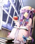  apple bad_id bad_pixiv_id book crescent food fruit hanabana_tsubomi hat long_hair patchouli_knowledge purple_eyes purple_hair solo touhou 