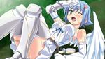  angel armor asymmetrical_wings blue_hair blush clumsy game_cg gloves green_eyes lowres milk nanael non-web_source open_mouth queen's_blade screencap sexually_suggestive short_hair solo spill suggestive_fluid wings 